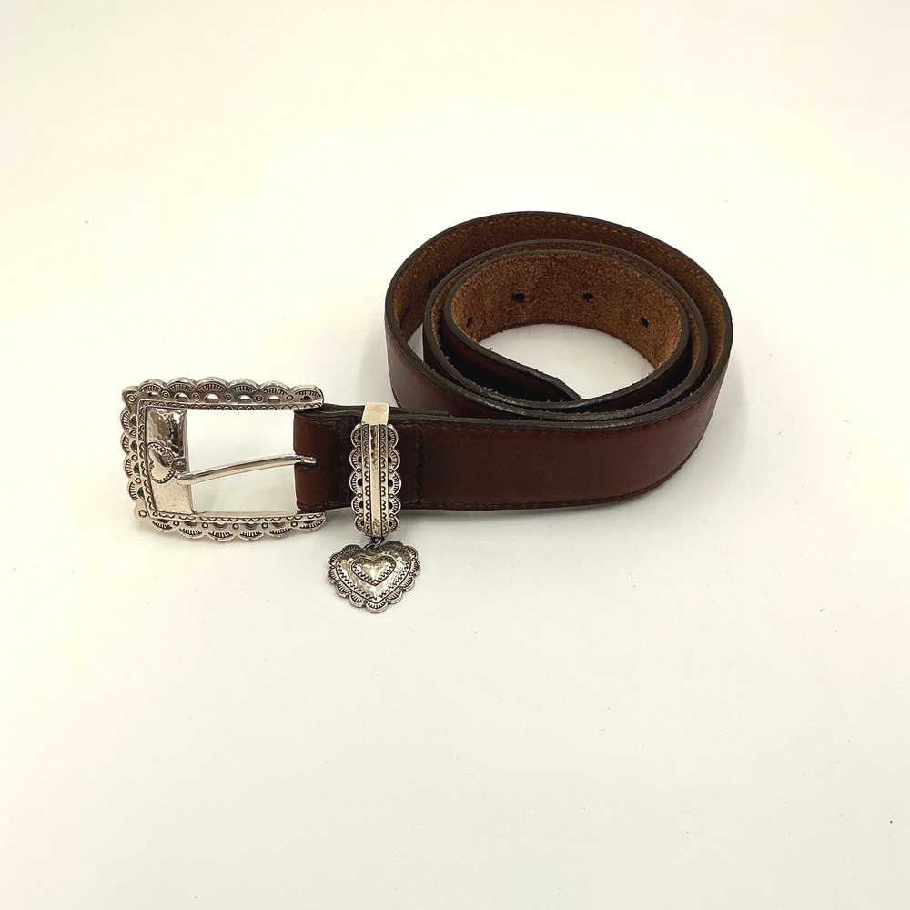 Brighton Brown Leather Belt Silver Western Buckle w/ Heart Charm B21585 Size S - Picture 1 of 6